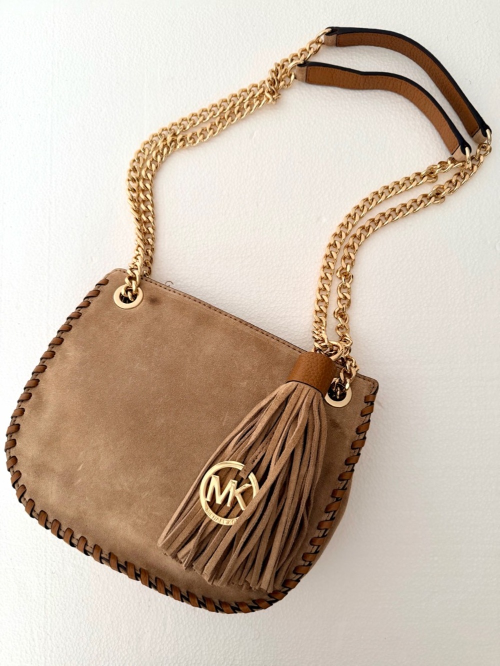 Michael Kors Whipped Chelsea Suede Tassel Chain Shoulder Crossbody Bag Tan
